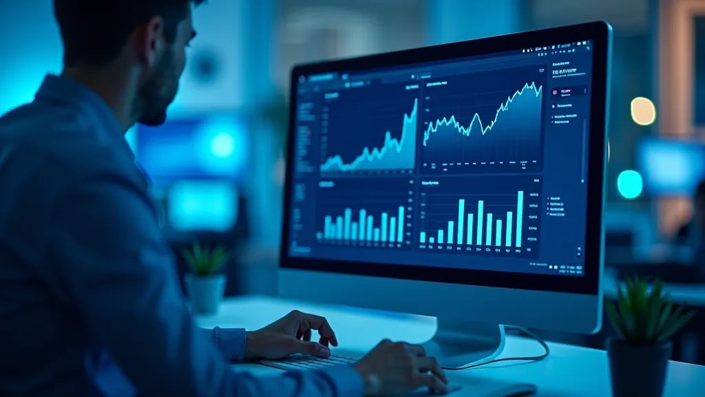 Dati un analytics attēloti uz monitora ekrāna ar finanšu grafiem